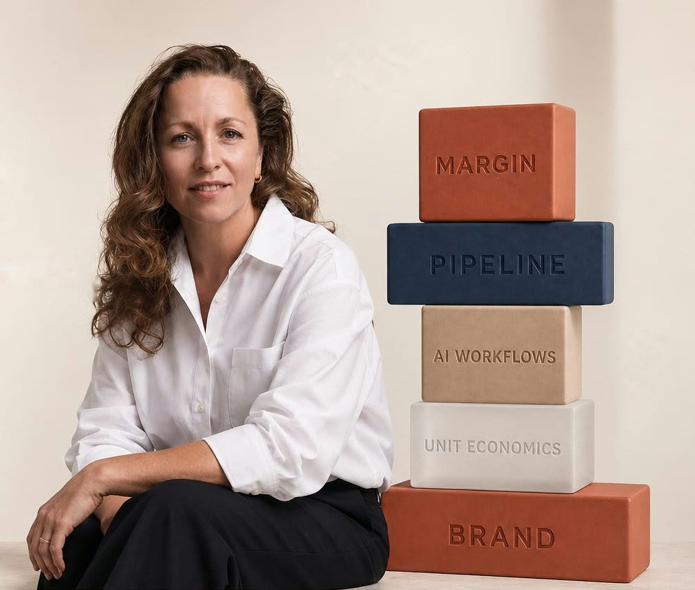 Jana Savchenko seated beside a stack of labelled blocks.