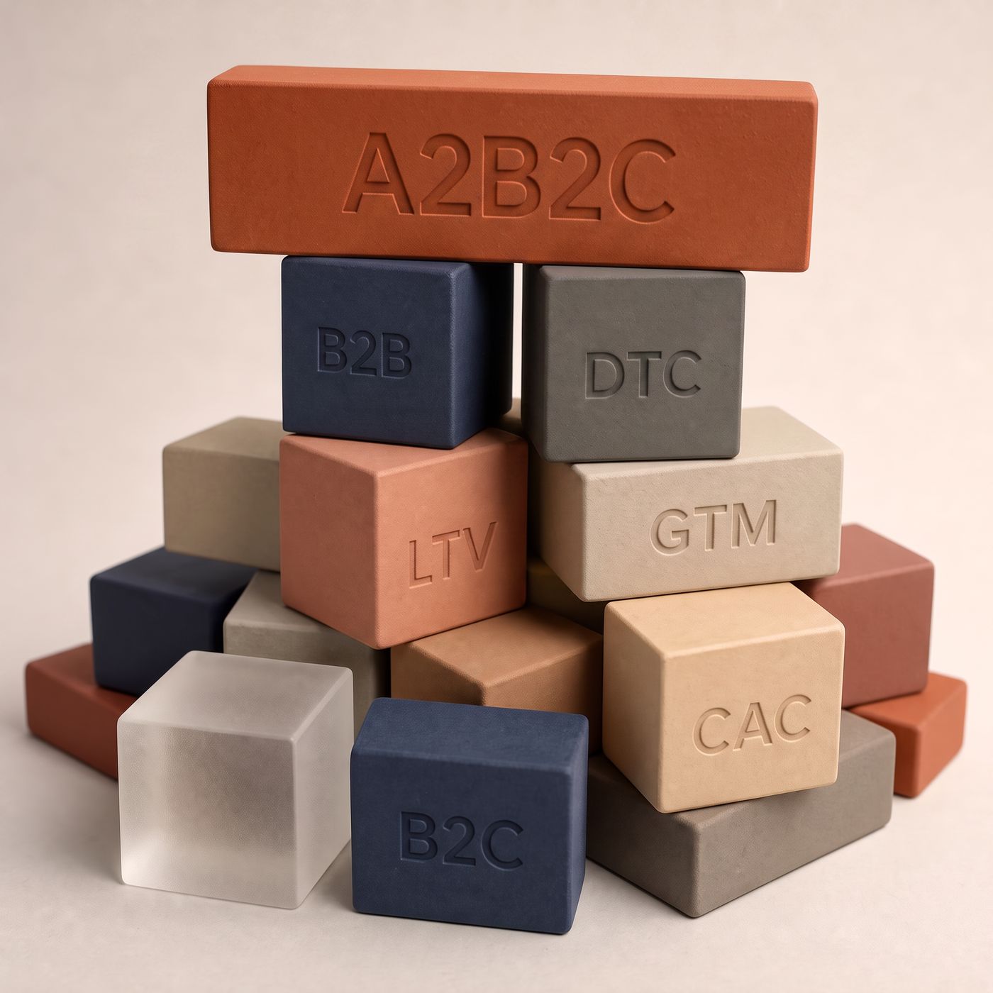 Messy pile of matte building blocks in terracotta, ink blue, clay and frosted glass engraved DTC, B2B, B2C, LTV, CAC and GTM, with an A2B2C block at the top representing integrated marketing growth