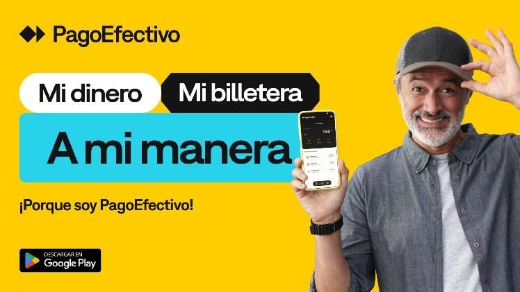 PagoEfectivo key visual: the ambassador holding the app, with the line Mi dinero, Mi billetera, A mi manera.