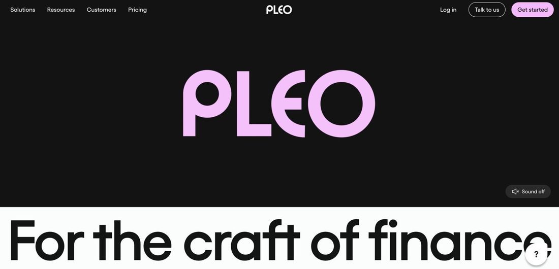Pleo campaign page with the pink wordmark on black and the headline For the craft of finance.