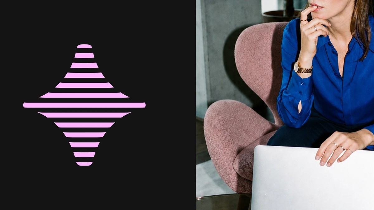 Pleo's new pink striped symbol on black beside a finance professional with a laptop.